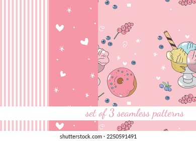 Set of 3 seamless patterns with confectionery, desserts and decorative elements in cartoon style. For textiles, wallpapers, backgrounds
