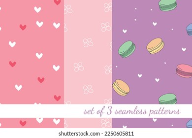 Set of 3 seamless patterns with confectionery, desserts and decorative elements in cartoon style. For textiles, wallpapers, backgrounds
