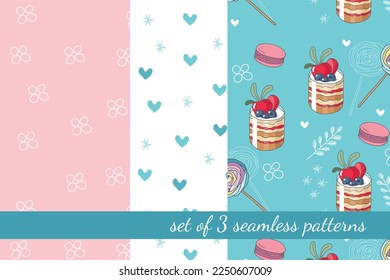 Set of 3 seamless patterns with confectionery, desserts and decorative elements in cartoon style. For textiles, wallpapers, backgrounds
