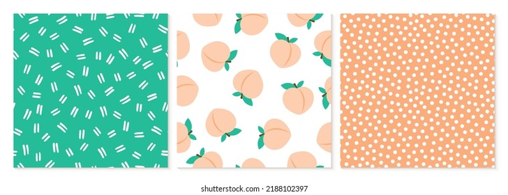 Set of 3 seamless patterns. Cute prints with peaches, dots and stripes for fabric, clothes, toys or home decor.