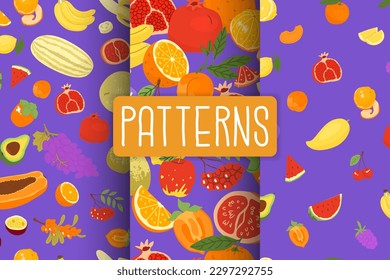 set with 3 seamless patterns with fruits. Farm products, organic farming. Different types of fruits. Melon, watermelon, berries, citrus. Vector illustration for farmers and food markets. 