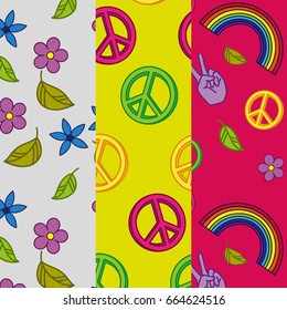 Set of 3 seamless patterns with hippie designs. Pattern in hippie style.