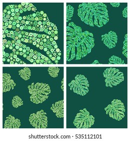Set of 3 seamless patterns with mosaic monstera leaves and 1 card. Abstract mosaic style. Isolated on the dark green background. Hexagonal art.