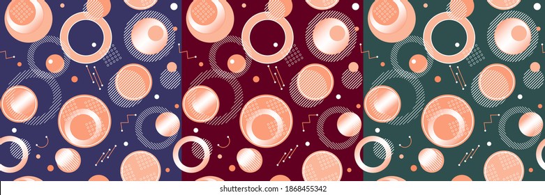 Set of 3 seamless patterns with salmon color circles, rings, memphis elements, diagonal stripes for background, textile, wrap, print design on dark blue, dark red, dark sea green. Vector.