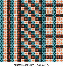Set of 3 seamless patterns striped design. Gingham textile prints. Vector fashion backgrounds.