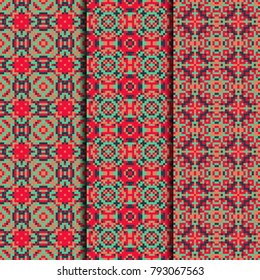 Set of 3 seamless patterns striped design. Pixel textile prints. Vector fashion backgrounds.