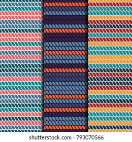 Set of 3 seamless patterns striped design. Snakeskin imitation textile prints. Vector fashion backgrounds. Retro colors.