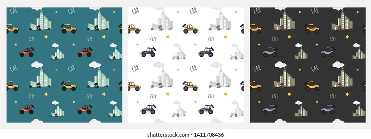 Set of 3 seamless patterns with transport for little boys. Toy Cars, cityscapes and lettering on the black, white and blue backgrounds. Can be used for wallpaper, scrapbook and other design.