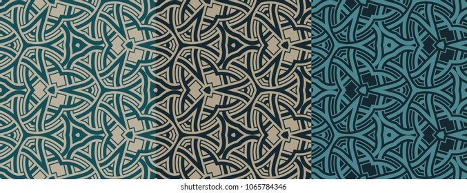 Set of 3 seamless patterns with trendy ornament of teal, blue, and beige shades