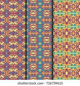 Set of 3 seamless patterns tribal design. Ethnic textile prints. Vector fashion backgrounds.