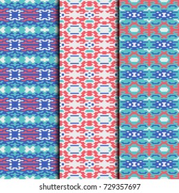 Set of 3 seamless patterns tribal design. Ethnic textile prints. Vector fashion backgrounds.