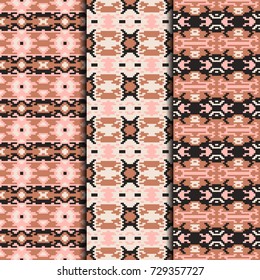 Set of 3 seamless patterns tribal design. Ethnic textile prints. Vector fashion backgrounds.