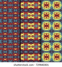 Set of 3 seamless patterns tribal design. Ethnic textile prints. Vector fashion backgrounds.
