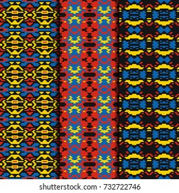 Set of 3 seamless patterns tribal design. Ethnic textile prints. Vector fashion backgrounds.