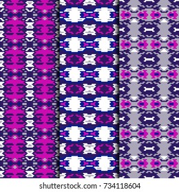 Set of 3 seamless patterns tribal design. Ethnic textile prints. Vector fashion backgrounds.