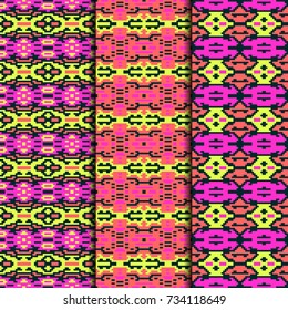 Set of 3 seamless patterns tribal design. Ethnic textile prints. Vector fashion backgrounds.