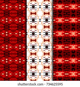 Set of 3 seamless patterns tribal design. Ethnic textile prints. Vector fashion backgrounds.