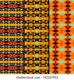 Set of 3 seamless patterns tribal design. Ethnic textile prints. Vector fashion backgrounds.