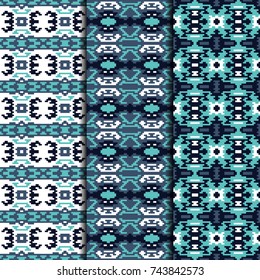 Set of 3 seamless patterns tribal design. Ethnic textile prints. Vector fashion backgrounds.