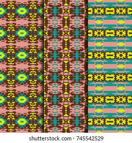 Set of 3 seamless patterns tribal design. Ethnic textile prints. Vector fashion backgrounds.