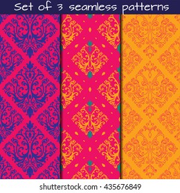 Set of 3 seamless patterns in Victorian style. Vector ornament.Victorian art print, background for fabric design, wallpaper, wrapping.