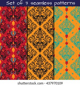 Set of 3 seamless patterns in Victorian style. Vector ornament.Victorian art print, background for fabric design, wallpaper, wrapping.