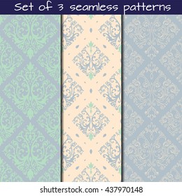 Set of 3 seamless patterns in Victorian style. Vector ornament.Victorian art print, background for fabric design, wallpaper, wrapping.