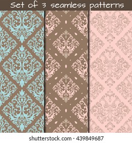 Set of 3 seamless patterns in Victorian style. Vector ornament.Victorian art print, background for fabric design, wallpaper, wrapping.