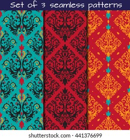 Set of 3 seamless patterns in Victorian style. Vector ornament.Victorian art print, background for fabric design, wallpaper, wrapping.