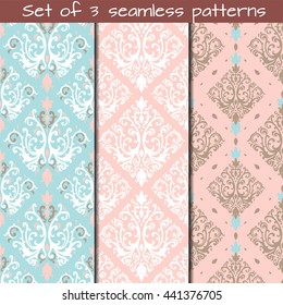 Set of 3 seamless patterns in Victorian style. Vector ornament.Victorian art print, background for fabric design, wallpaper, wrapping.