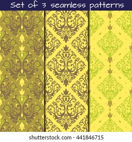 Set of 3 seamless patterns in Victorian style. Vector ornament.Victorian art print, background for fabric design, wallpaper, wrapping.