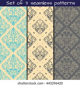 Set of 3 seamless patterns in Victorian style. Vector ornament.Victorian art print, background for fabric design, wallpaper, wrapping.
