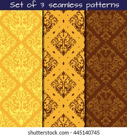 Set of 3 seamless patterns in Victorian style. Vector ornament.Victorian art print, background for fabric design, wallpaper, wrapping.