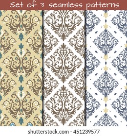 Set of 3 seamless patterns in Victorian style. Vector ornament.Victorian art print, background for fabric design, wallpaper, wrapping.