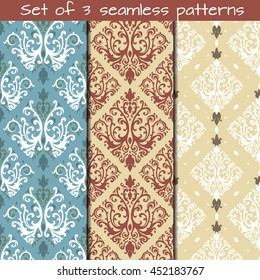 Set of 3 seamless patterns in Victorian style. Vector ornament.Victorian art print, background for fabric design, wallpaper, wrapping.