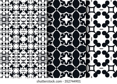 Set of 3 seamless square geometric patterns. Black and white abstract graphic backgrounds. Repeating fabric texture. Tribal ethnic ornament, vector illustration.
