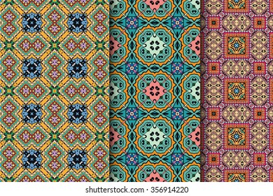 Set of 3 seamless square geometric patterns. Abstract graphic backgrounds. Repeating fabric texture. Tribal ethnic ornament, vector illustration.