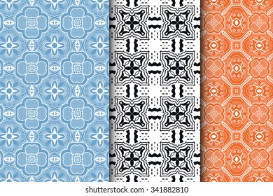 Set of 3 seamless square patterns with repeating geometric floral texture for Wedding, Bridal, Valentine's day or Birthday Invitations, fabric or paper print. Vector collection