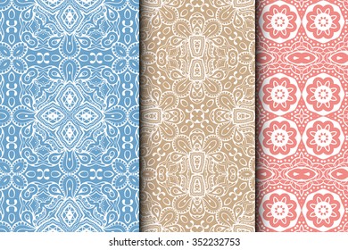 Set of 3 seamless square patterns with repeating geometric floral texture for fabric or paper print. Vector collection