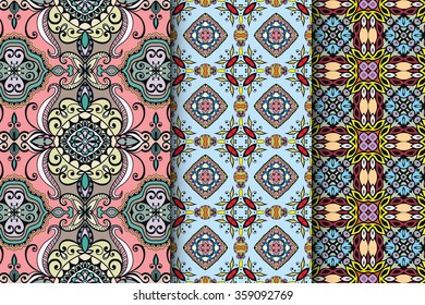 Set of 3 seamless square patterns with repeating geometric floral texture for fabric or paper print. Vector collection