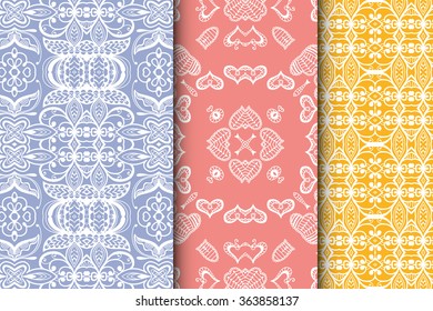 Set of 3 seamless square patterns with repeating geometric floral texture for fabric or paper print. Vector collection