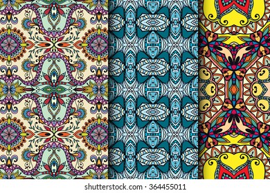 Set of 3 seamless square patterns with repeating geometric floral texture for fabric or paper print. Vector collection.