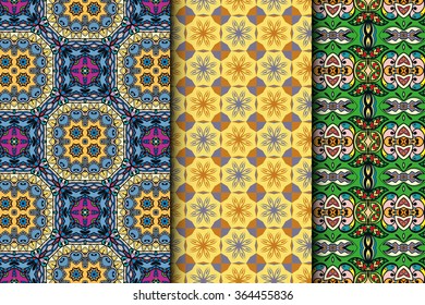 Set of 3 seamless square patterns with repeating geometric floral texture for fabric or paper print. Vector collection.