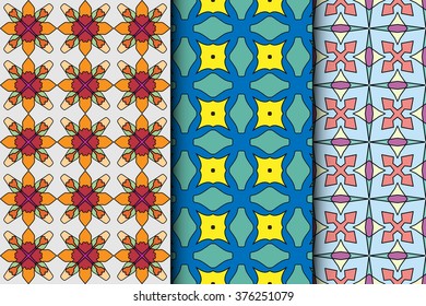Set of 3 seamless square patterns with repeating geometric texture for fabric or paper print. Vector collection