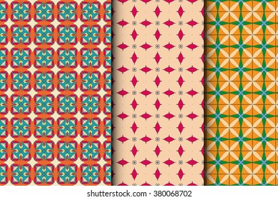 Set of 3 seamless square patterns with repeating geometric texture for fabric or paper print. Tribal ethnic arabic, indian ornament, vector collection. 