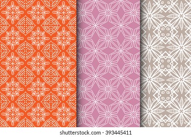 Set of 3 seamless square patterns with repeating geometric floral lace texture for fabric or paper print. Vector collection
