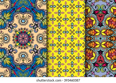 Set of 3 seamless square patterns with repeating geometric floral texture for fabric or paper print. Vector collection