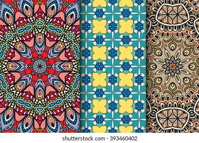 Set of 3 seamless square patterns with repeating geometric floral texture for fabric or paper print. Vector collection