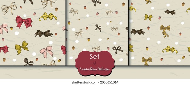 Set of 3 seamless textures with bows. Autumn edition.
