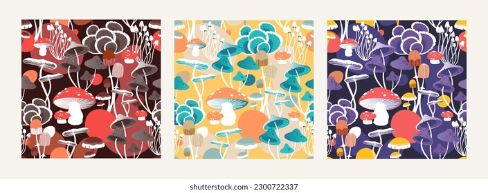 Set of 3 seamless vector pattern designs, modern style, colorful, mushrooms, forest, for fashion projects, playful, childish, interior, nursery, nature, organic, queer symbols